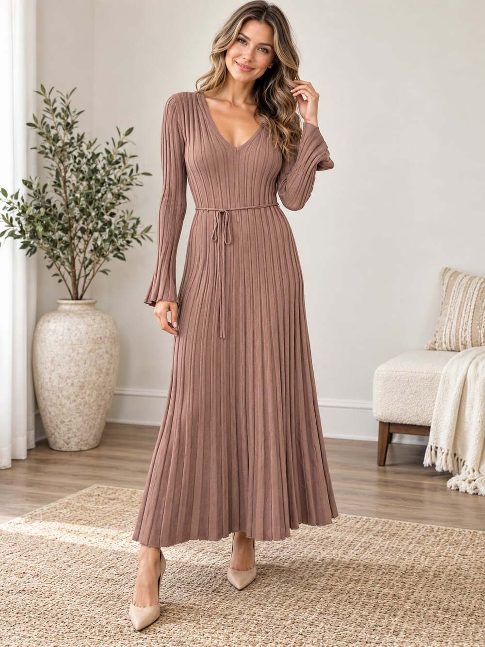 Worth Collective Berkeley Ribbed Knit Maxi Dress Brown V-Neck Belt L